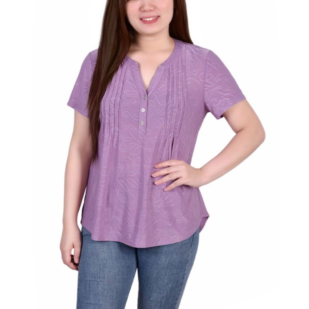 NY Collection Petite Short Sleeve Y Neck Jacquard Knit Top